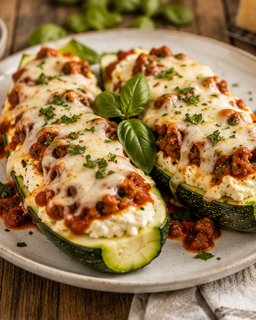 Baked zucchini boats filled with meat, cheese, and tomato sauce, garnished with herbs.