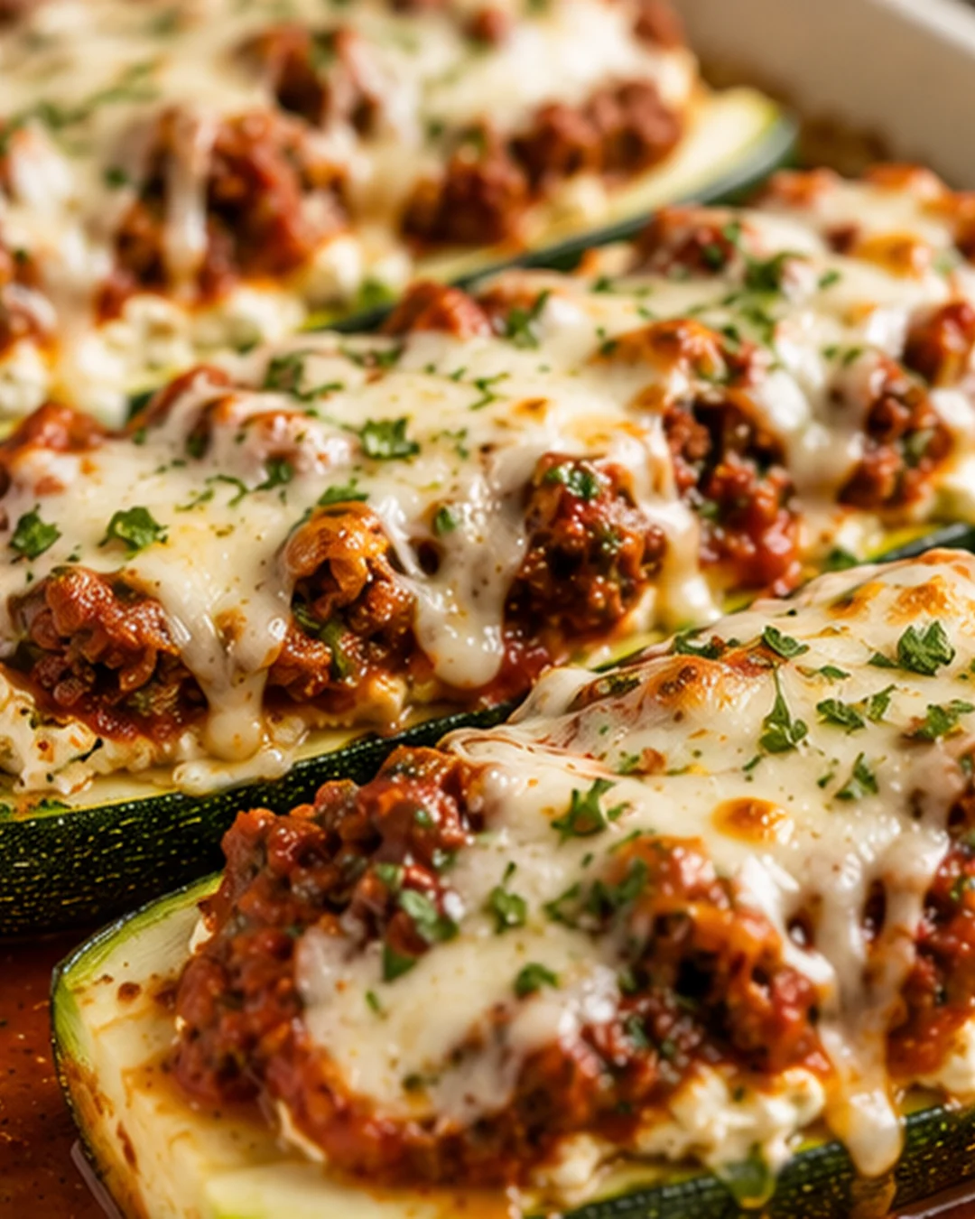 Delicious zucchini boats filled with cheesy meat sauce ready to bake