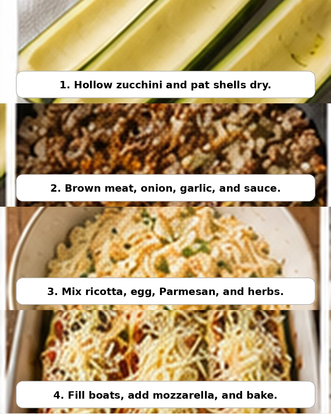Baked zucchini halves filled with meat, ricotta, and melted cheese ready to serve.