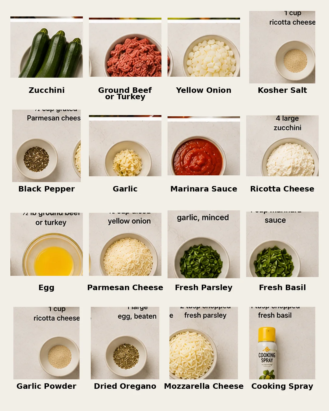 Decorative layout of ingredients for zucchini lasagna boats, including zucchini, ground meat, cheeses, and herbs.