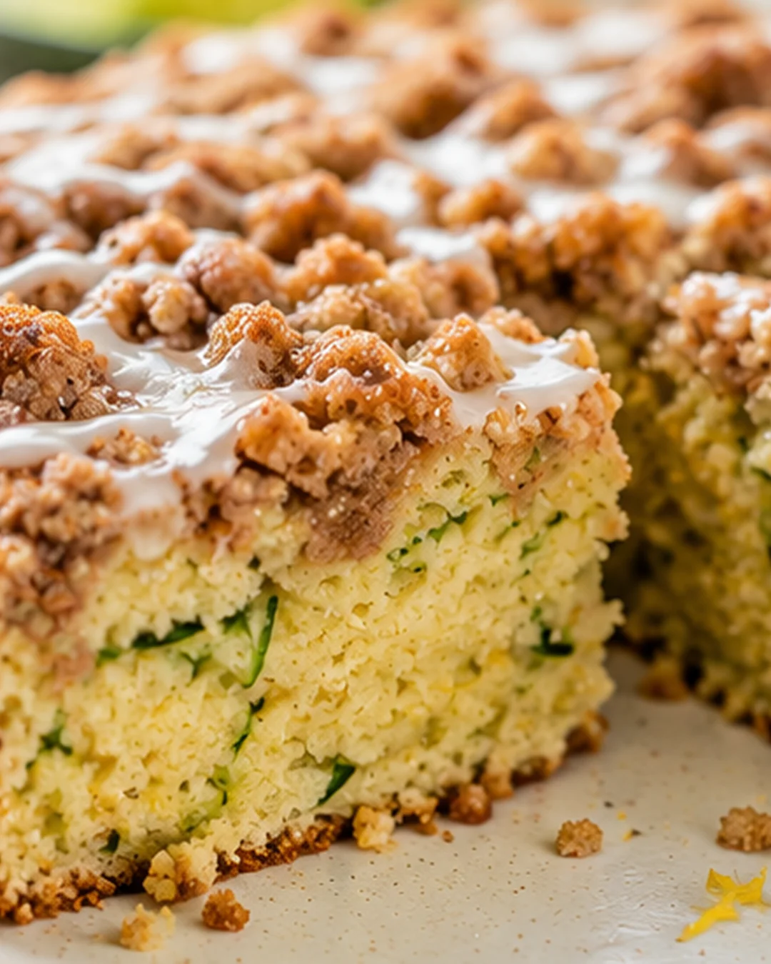 Close-up of a moist, tender lemon zucchini coffee cake with cinnamon crumb topping.