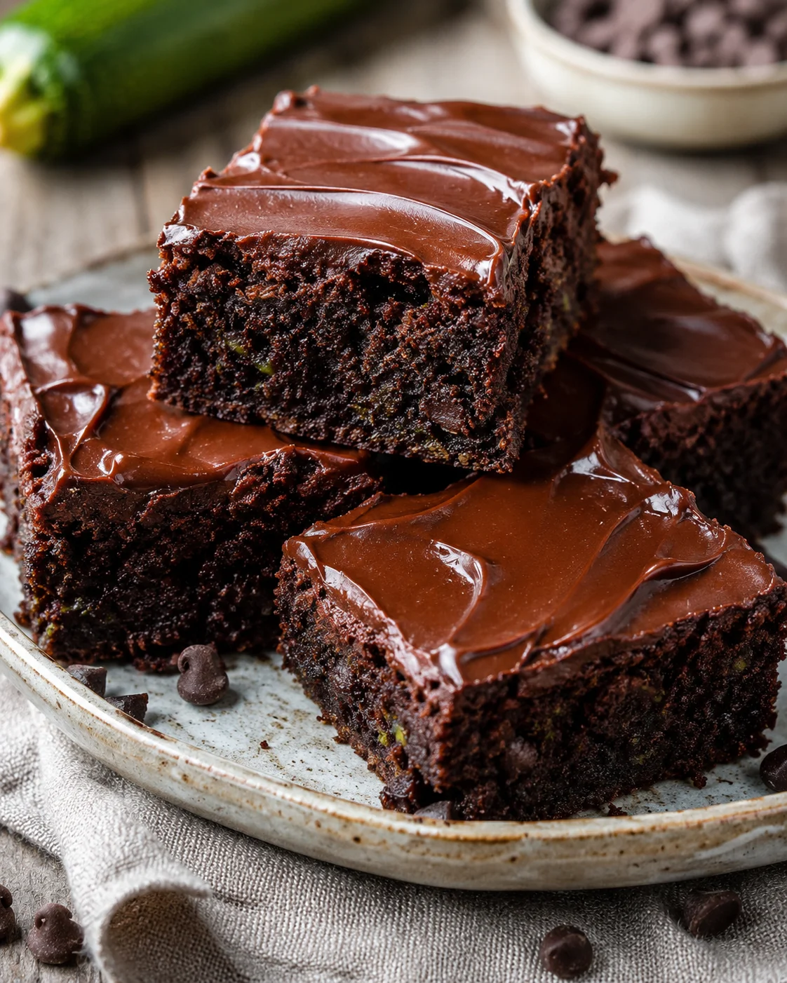 Chocolate Zucchini Brownies with Fudge Topping Delicious, moist zucchini brownies topped with shiny, easy chocolate frosting.