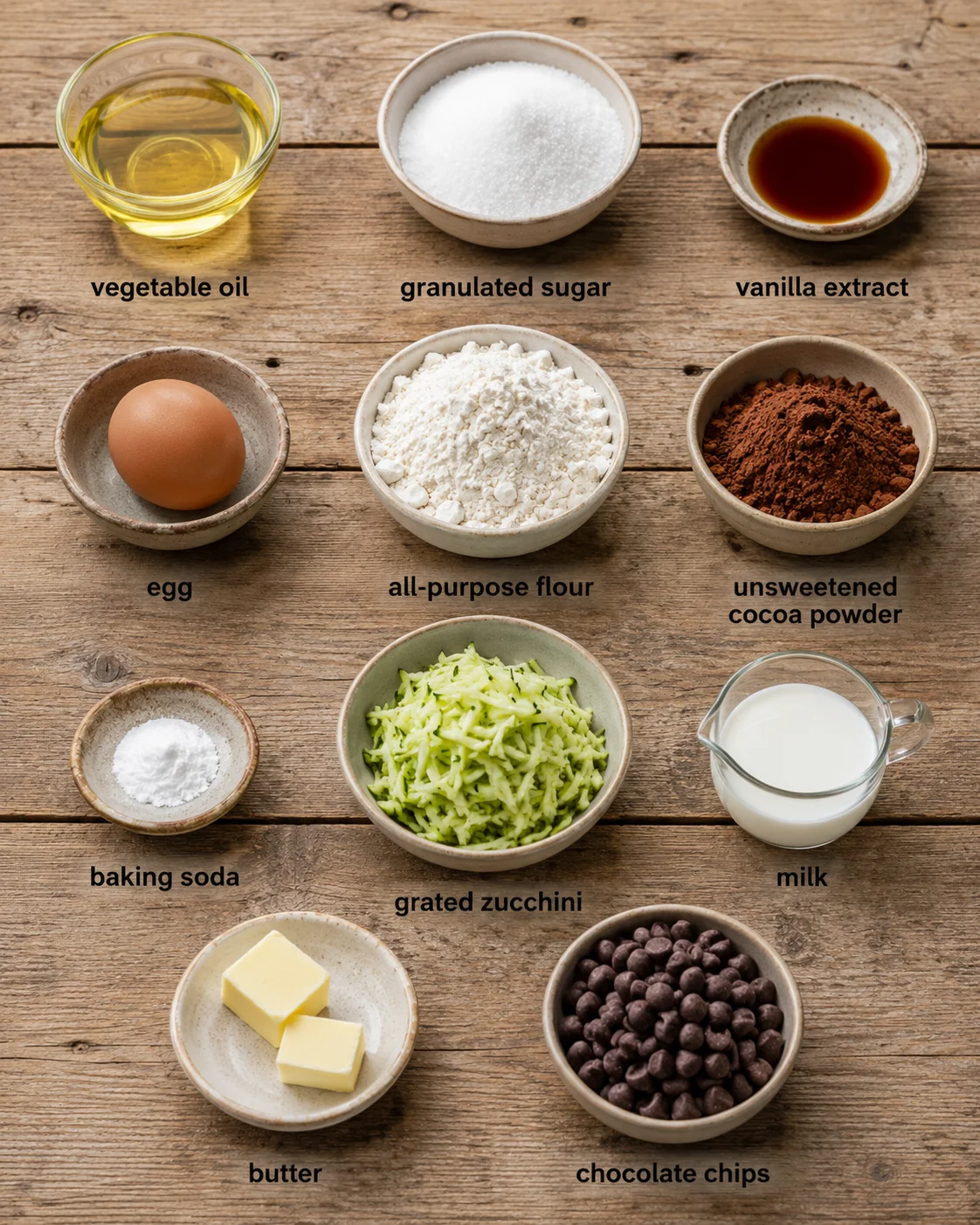 Ingredients for zucchini brownies with quick chocolate frosting on a wooden surface.