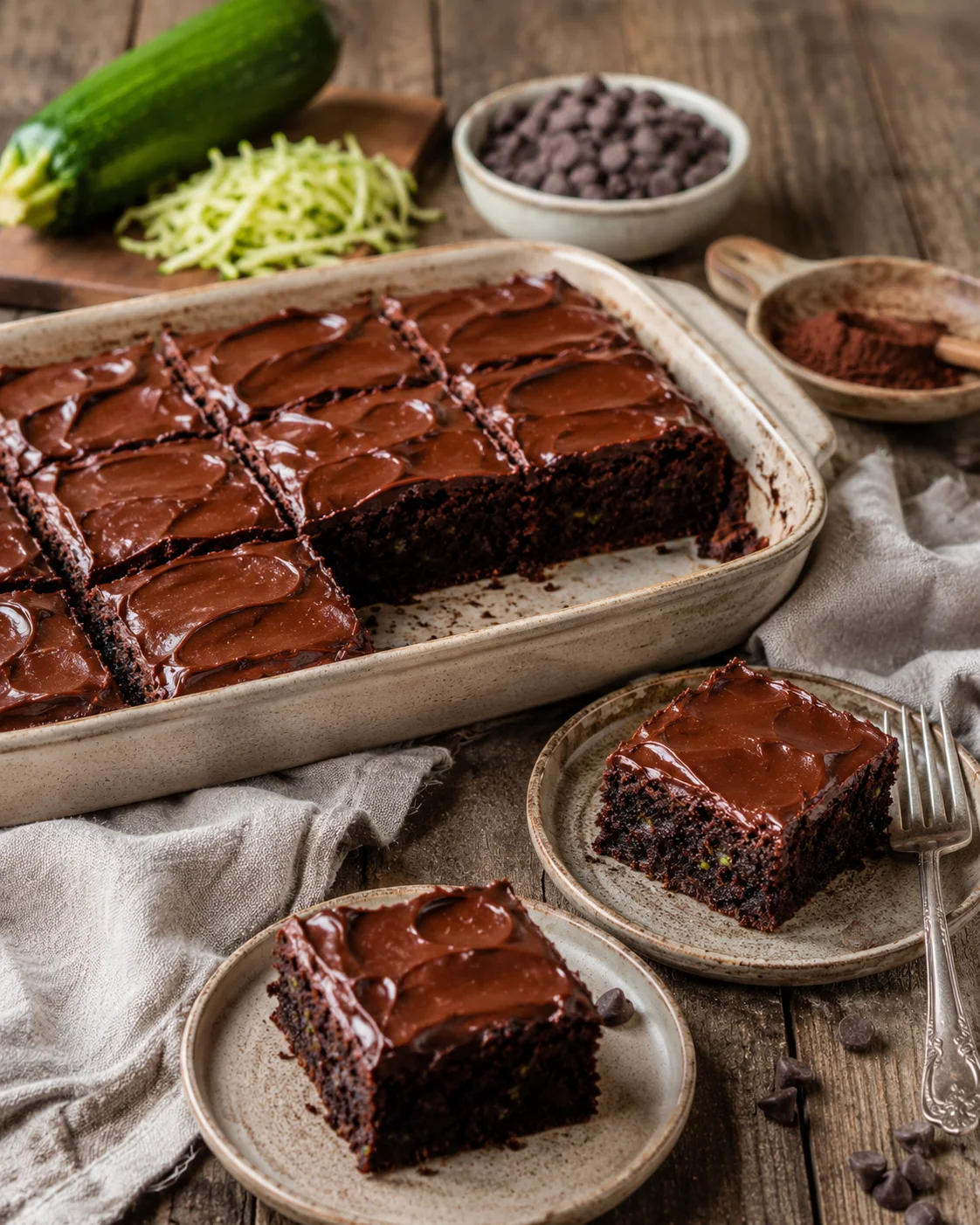 Delicious Zucchini Brownies with Chocolate Frosting Close-up of rich zucchini brownies topped with shiny chocolate frosting on rustic table