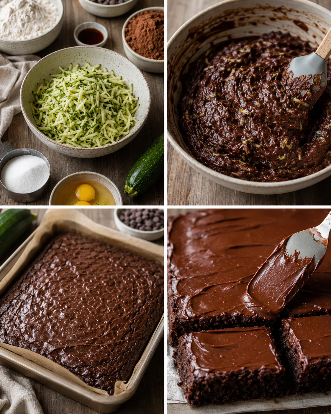 Zucchini Brownies with Fudgy Chocolate Frosting Step-by-step images of preparing zucchini brownies with chocolate frosting topping
