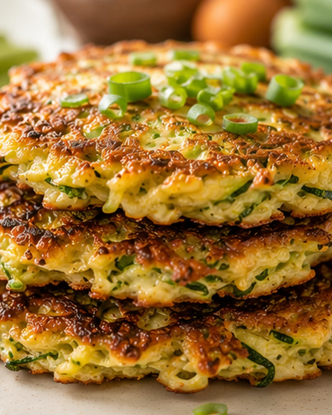 Crispy zucchini pancakes topped with green onions on a plate
