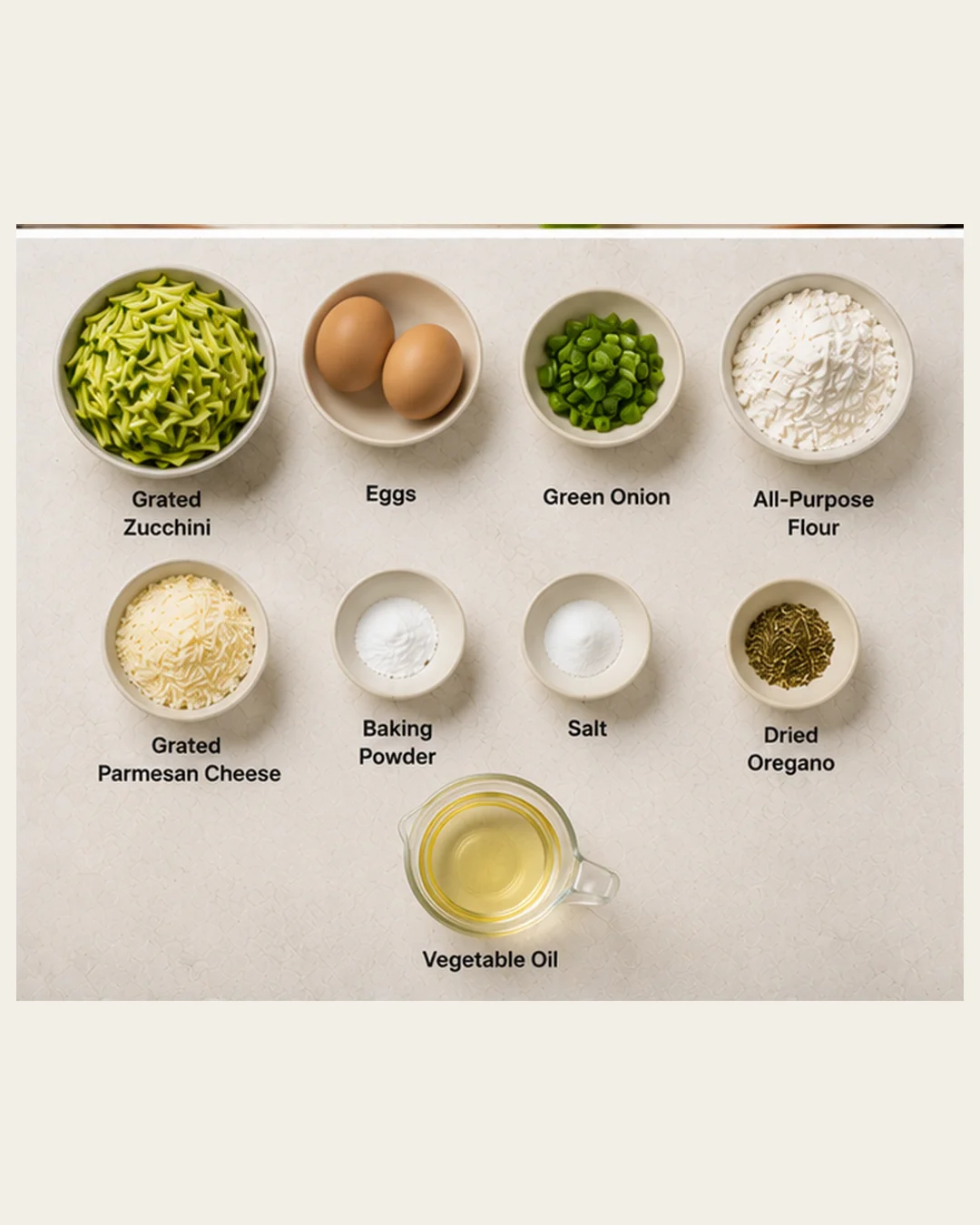Ingredients for delicious zucchini pancakes including zucchini, eggs, cheese, and herbs.