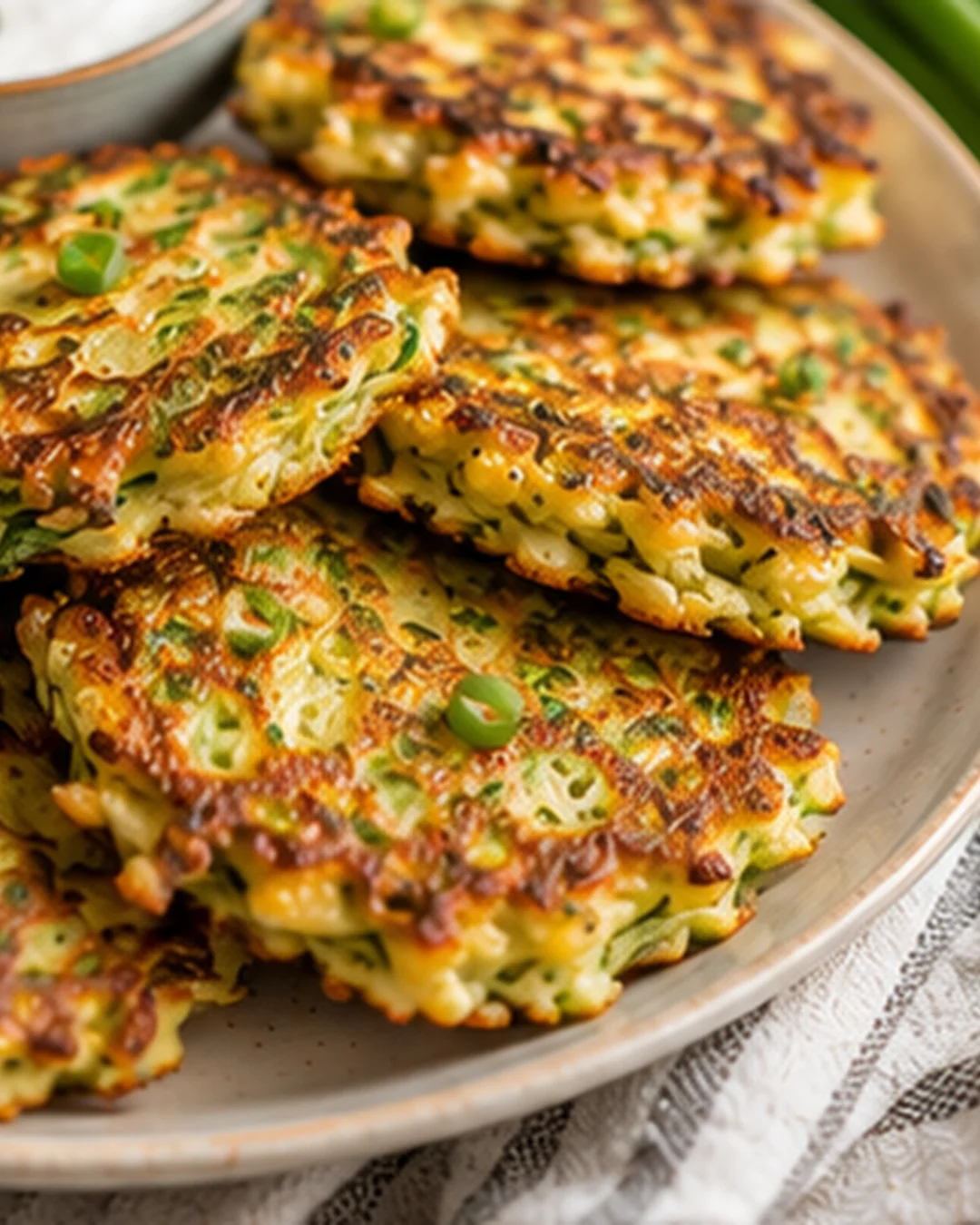 Crispy zucchini pancakes with green onions on a white platter.