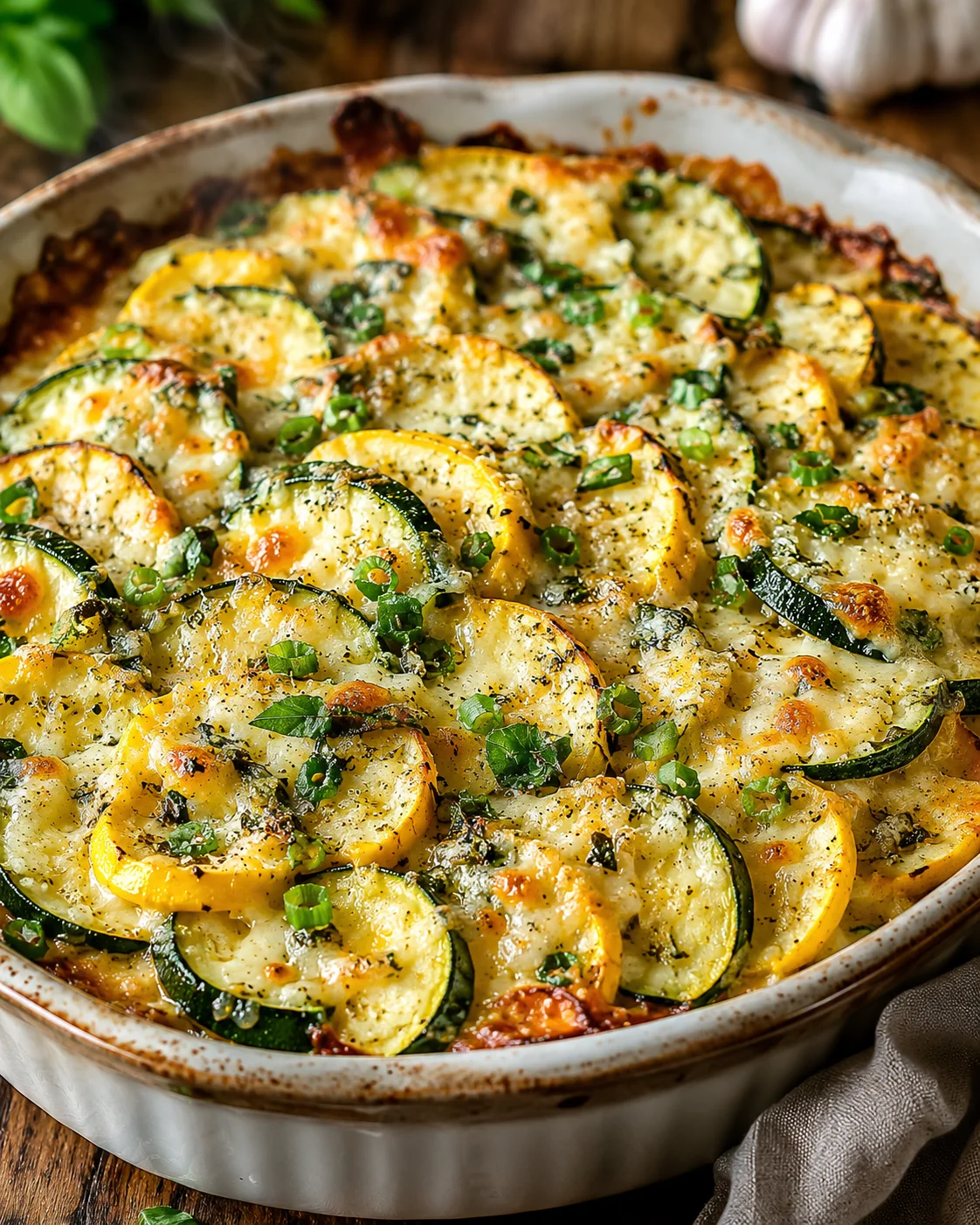 Cheesy Zucchini Bake Baked zucchini and yellow squash casserole topped with melted cheese and fresh herbs.