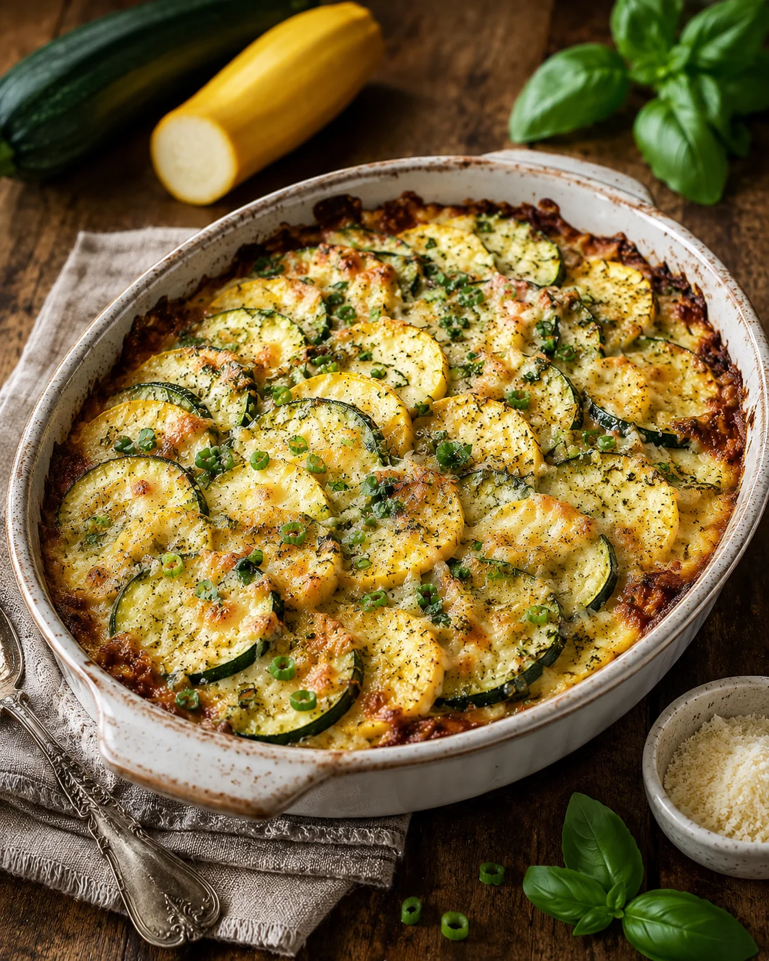 Baked zucchini and yellow squash casserole with melted cheese and fresh herbs