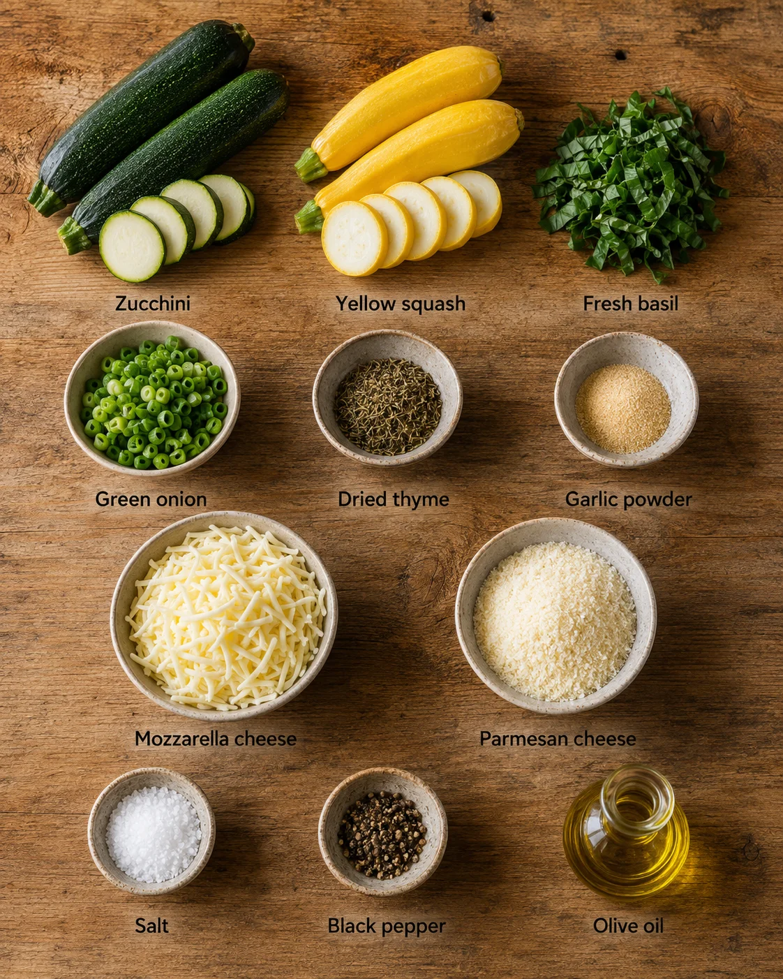 Close-up of fresh zucchini, yellow squash, herbs, and cheeses on wooden surface.