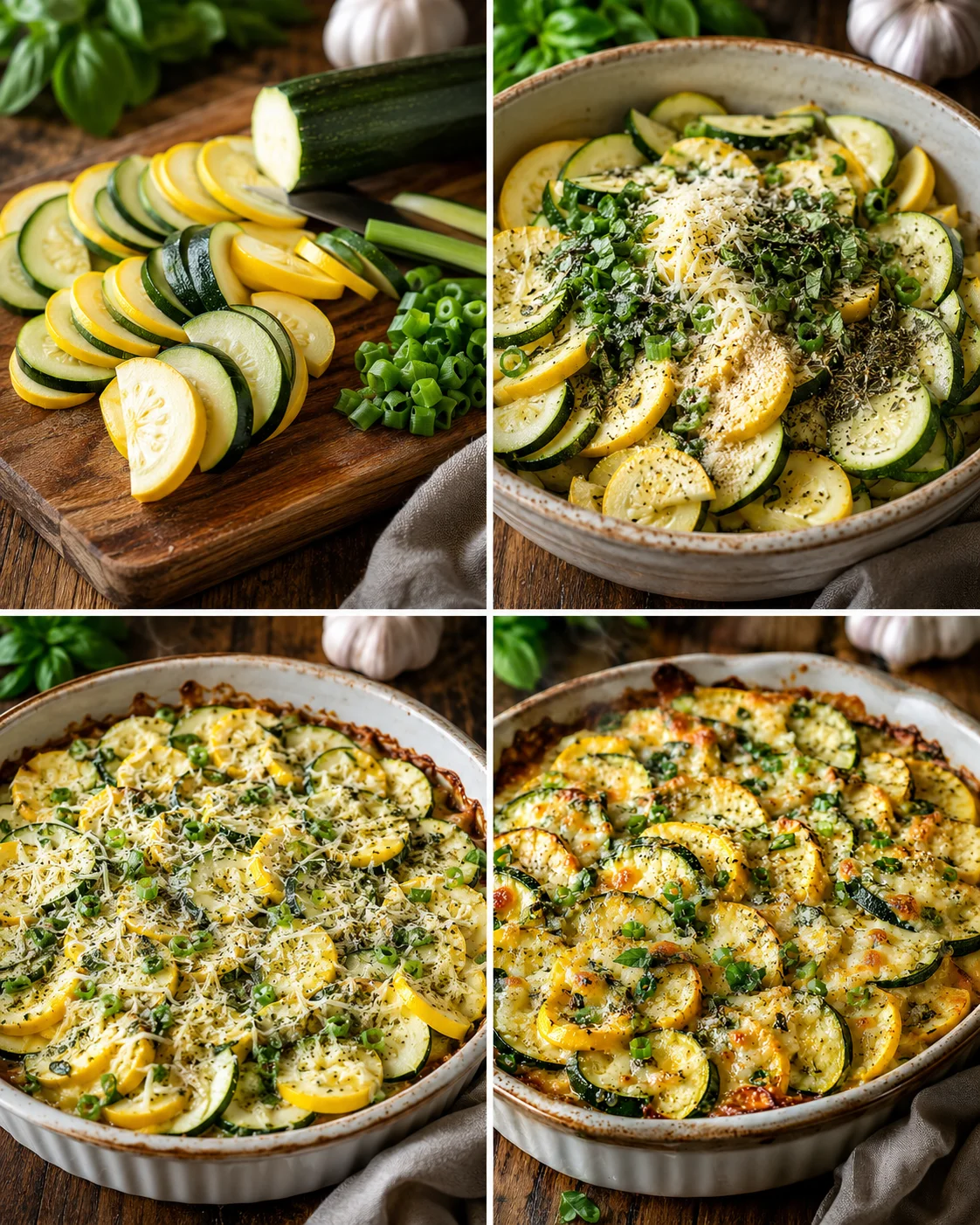 Four-tile sequence: even squash layer in dish; fork checking tender squash; sprinkling remaining cheeses; finished bake with golden-bubbly cheese.