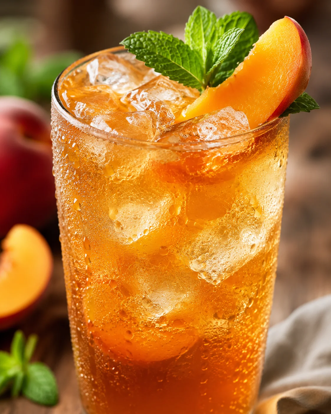 Refreshing Peach Iced Tea Recipe Chilled glass of peach iced tea with ice, peach wedge, and mint