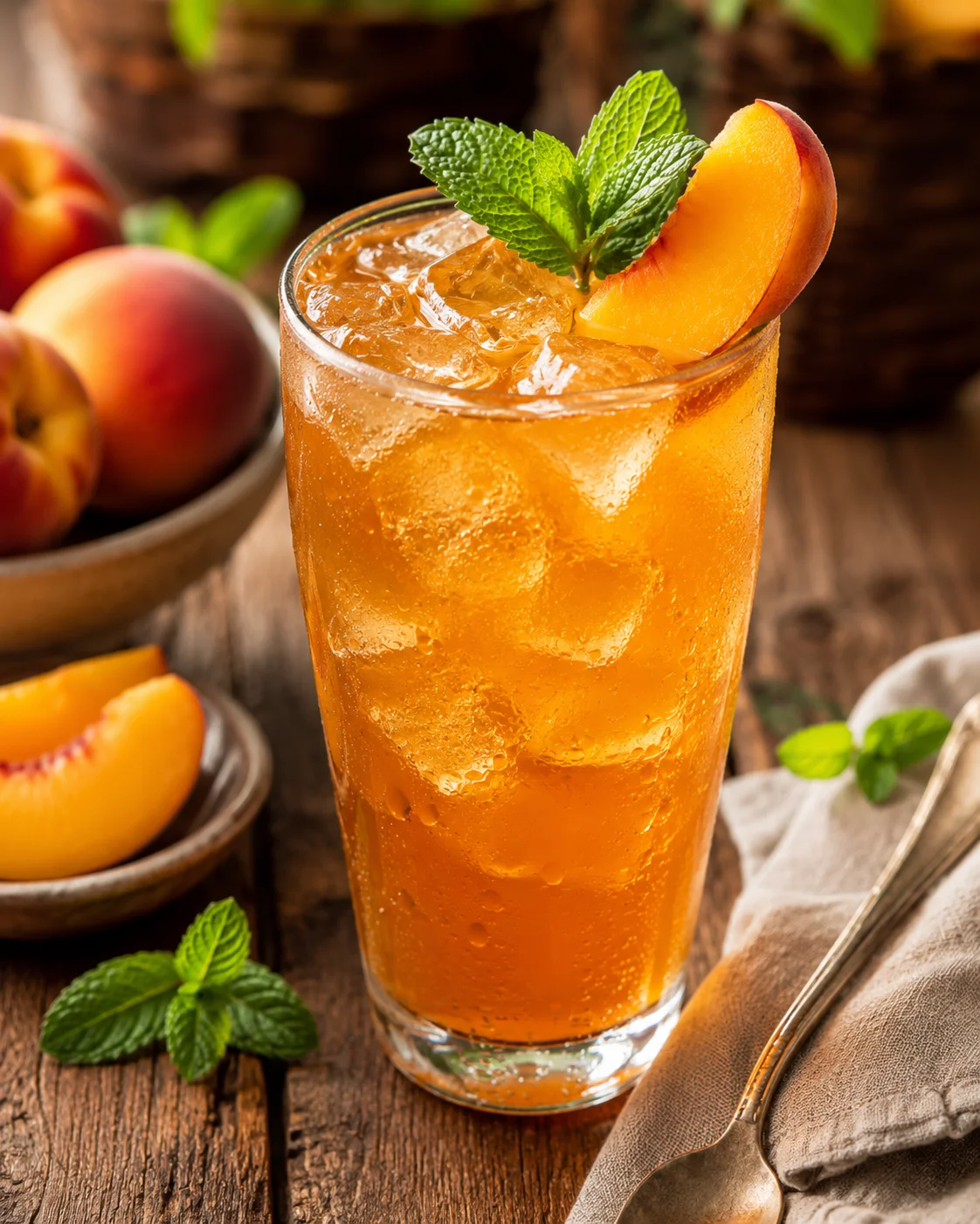 A tall glass of peach iced tea with fresh peach slices and mint garnish.