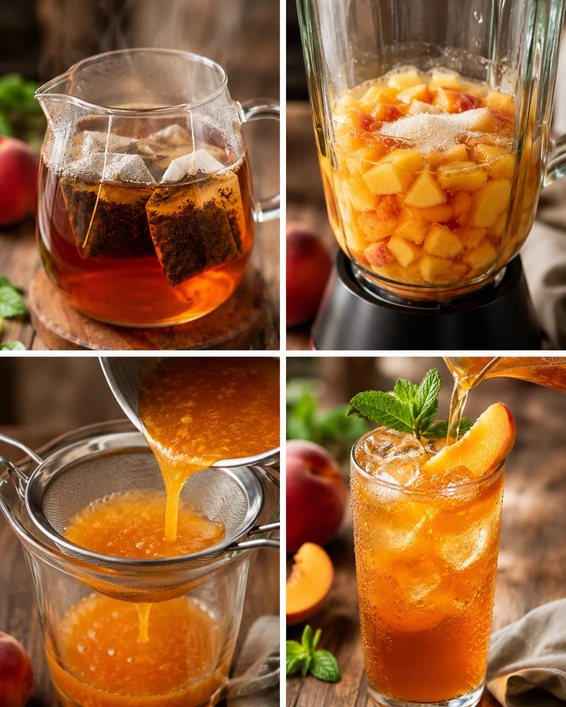 Steps of making homemade peach iced tea with fresh peaches and black tea