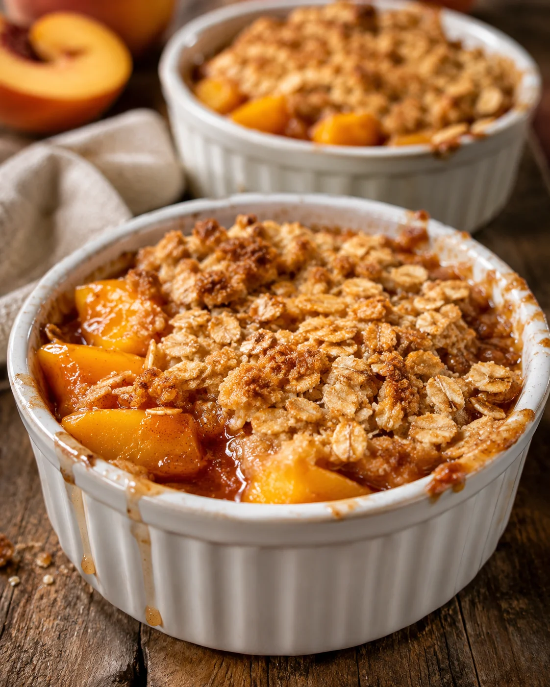 Peach Crisp for Two Close-up of two small peach crisps with golden topping and fresh peaches in background