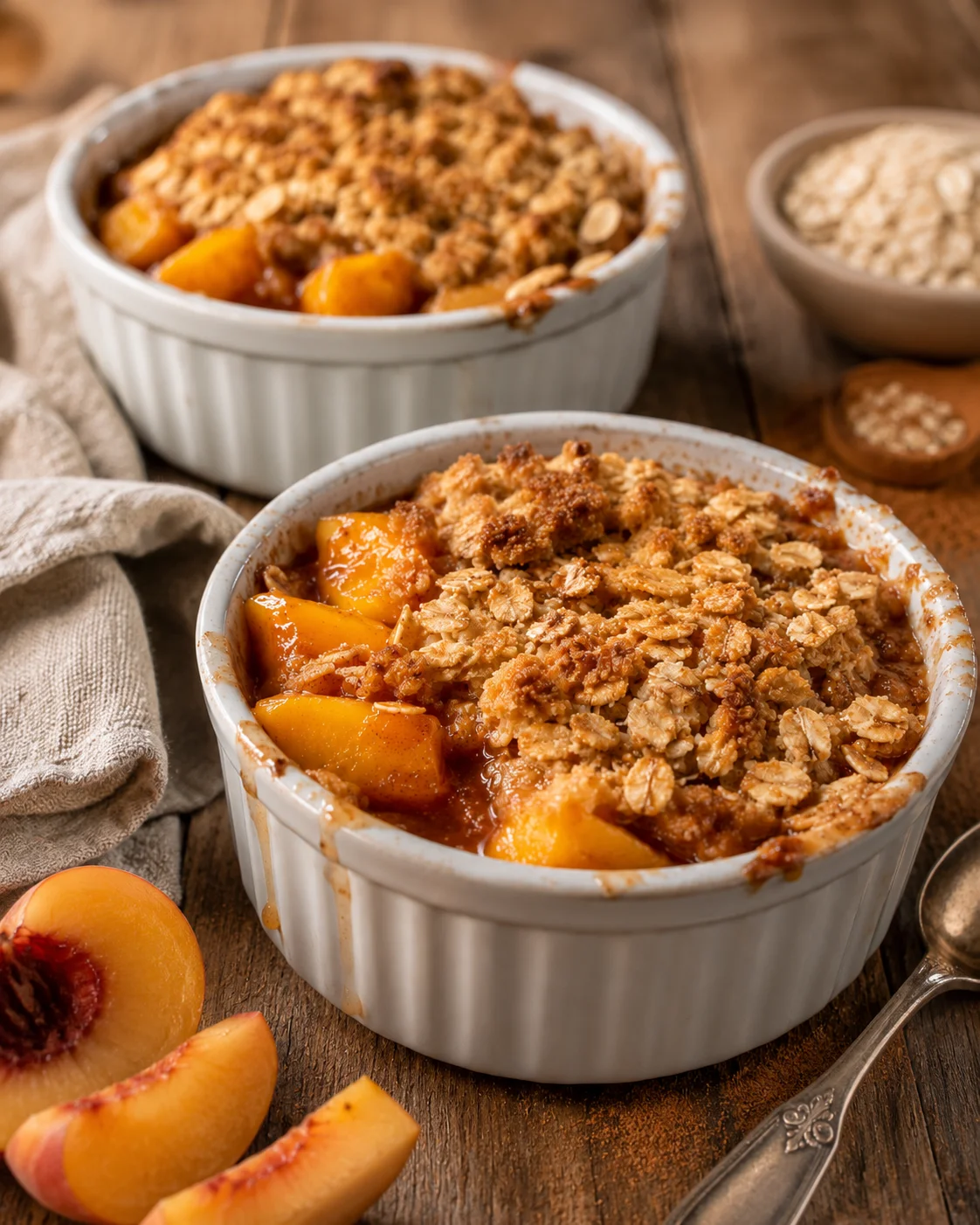 Delicious small batch peach crisp in ramekins with fresh peaches and oatmeal topping