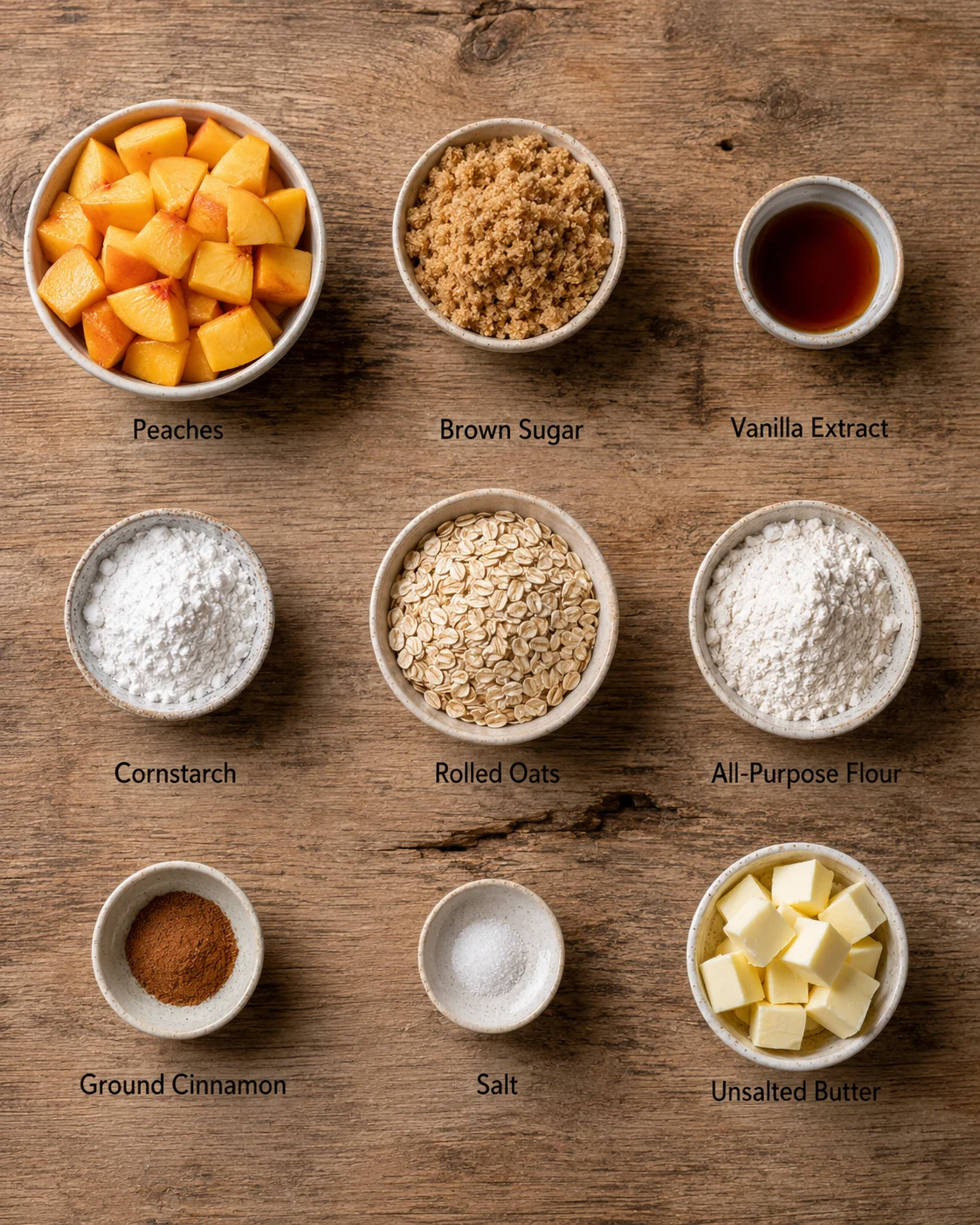 Small bowls of ingredients for peach crisp dessert on wooden surface