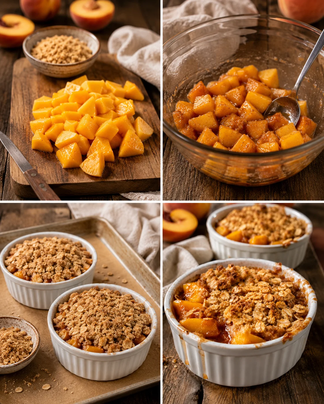 Mini Peach Crisp for Two Fresh peaches with oat topping baked in small ramekins, ready to enjoy.