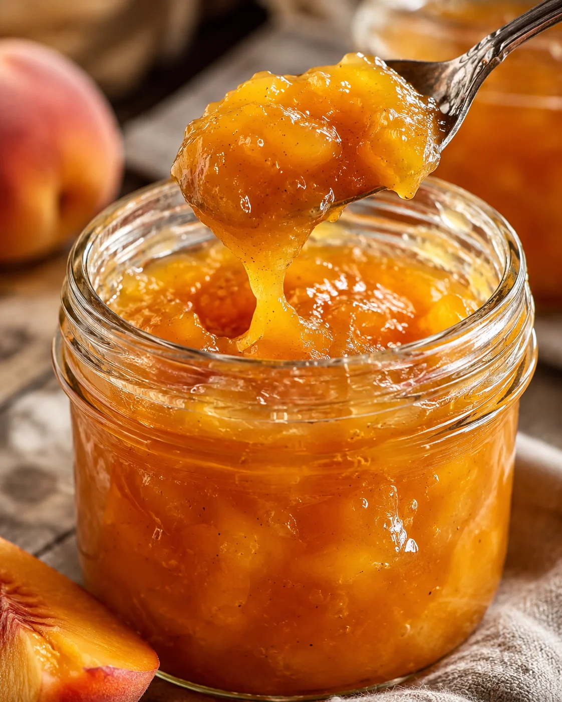 Close-up of glossy, homemade vanilla peach jam in a glass jar with a spoonful above.