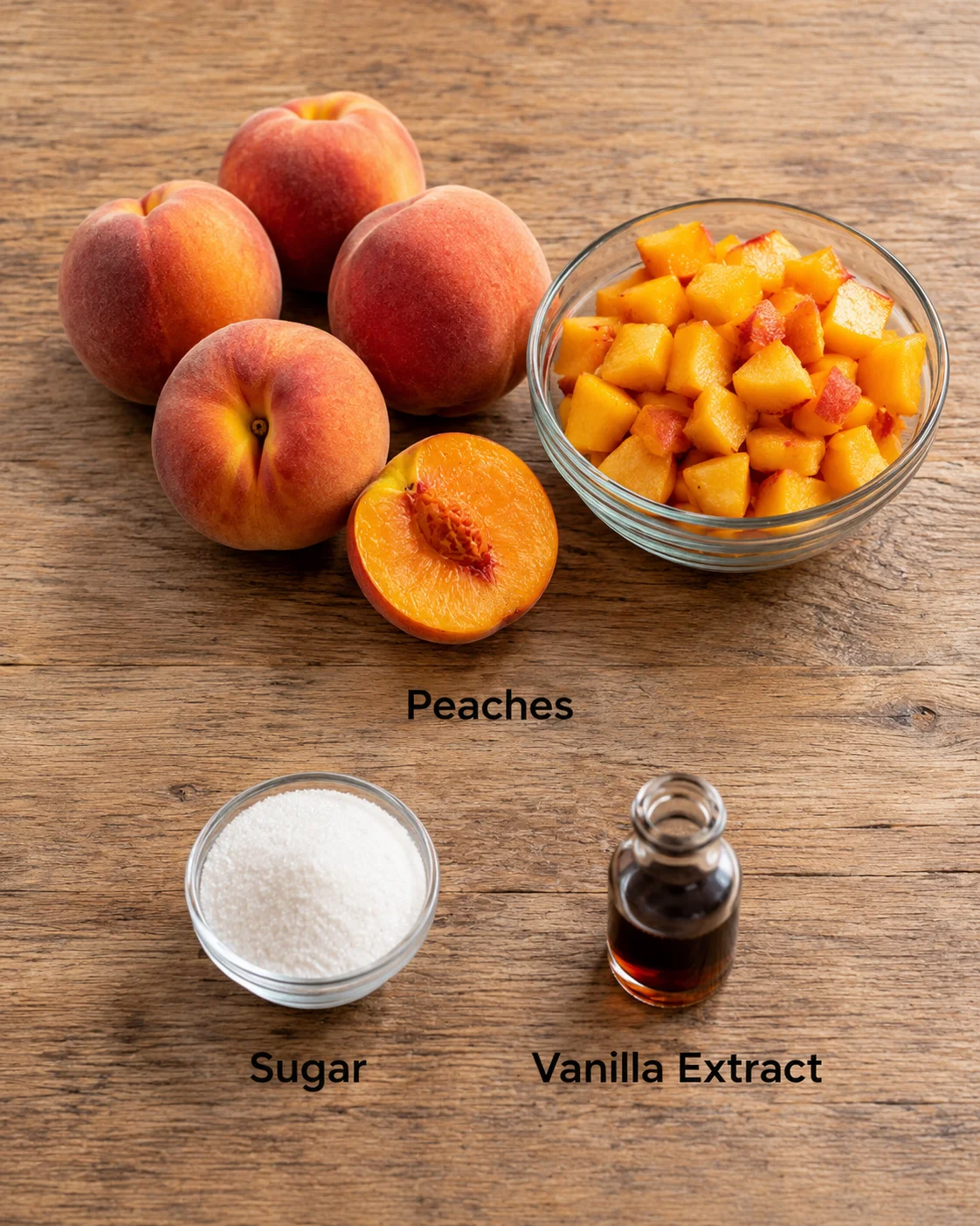 Fresh peaches, sugar, and vanilla extract prepared for small batch jam making.