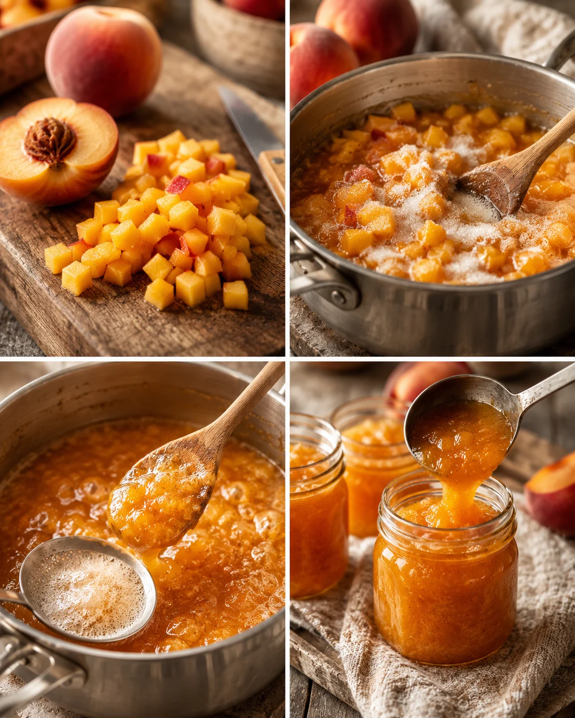 Fresh peaches and diced peach mixture for homemade vanilla peach jam.