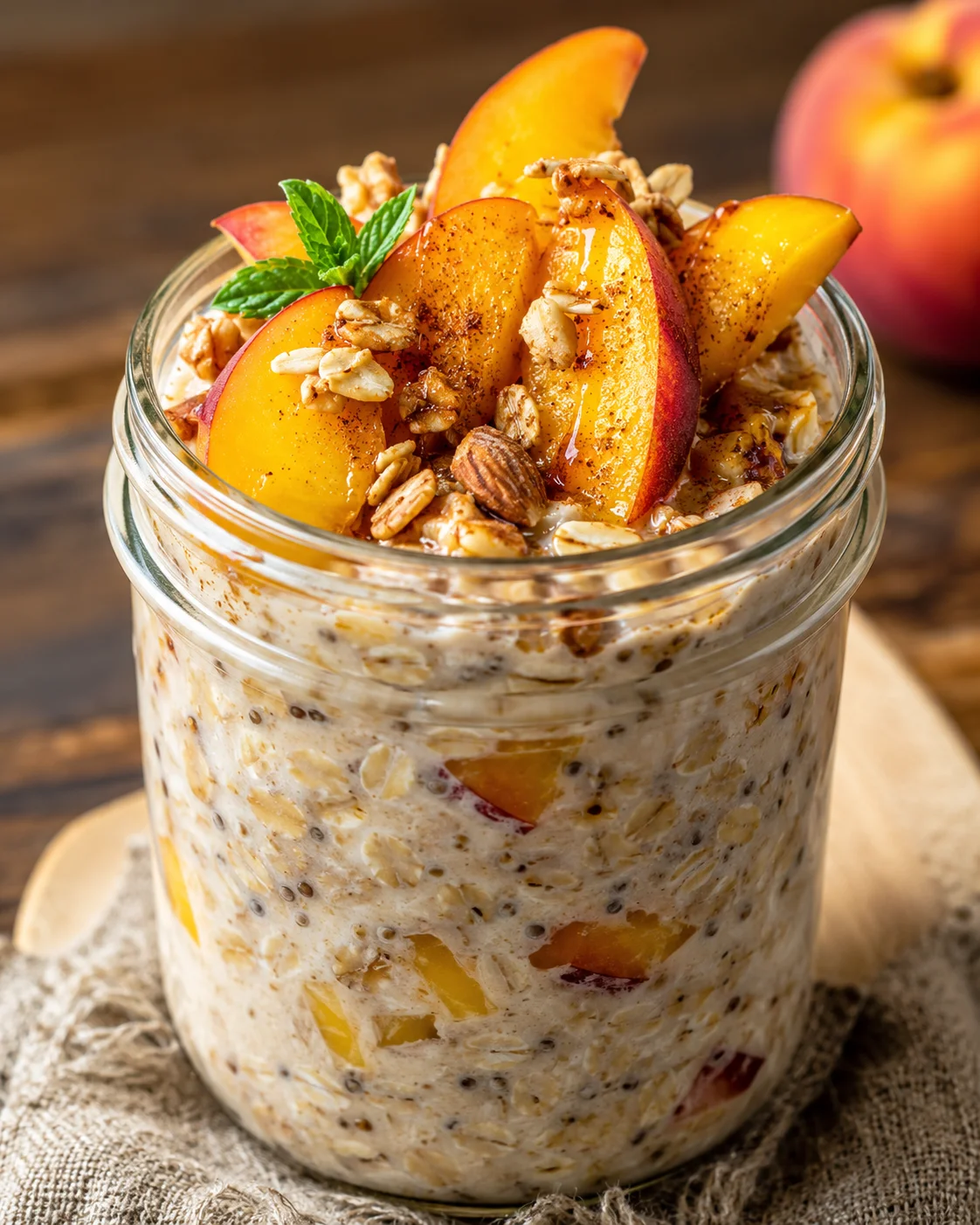 Creamy peach overnight oats topped with fresh peaches and nuts in a jar