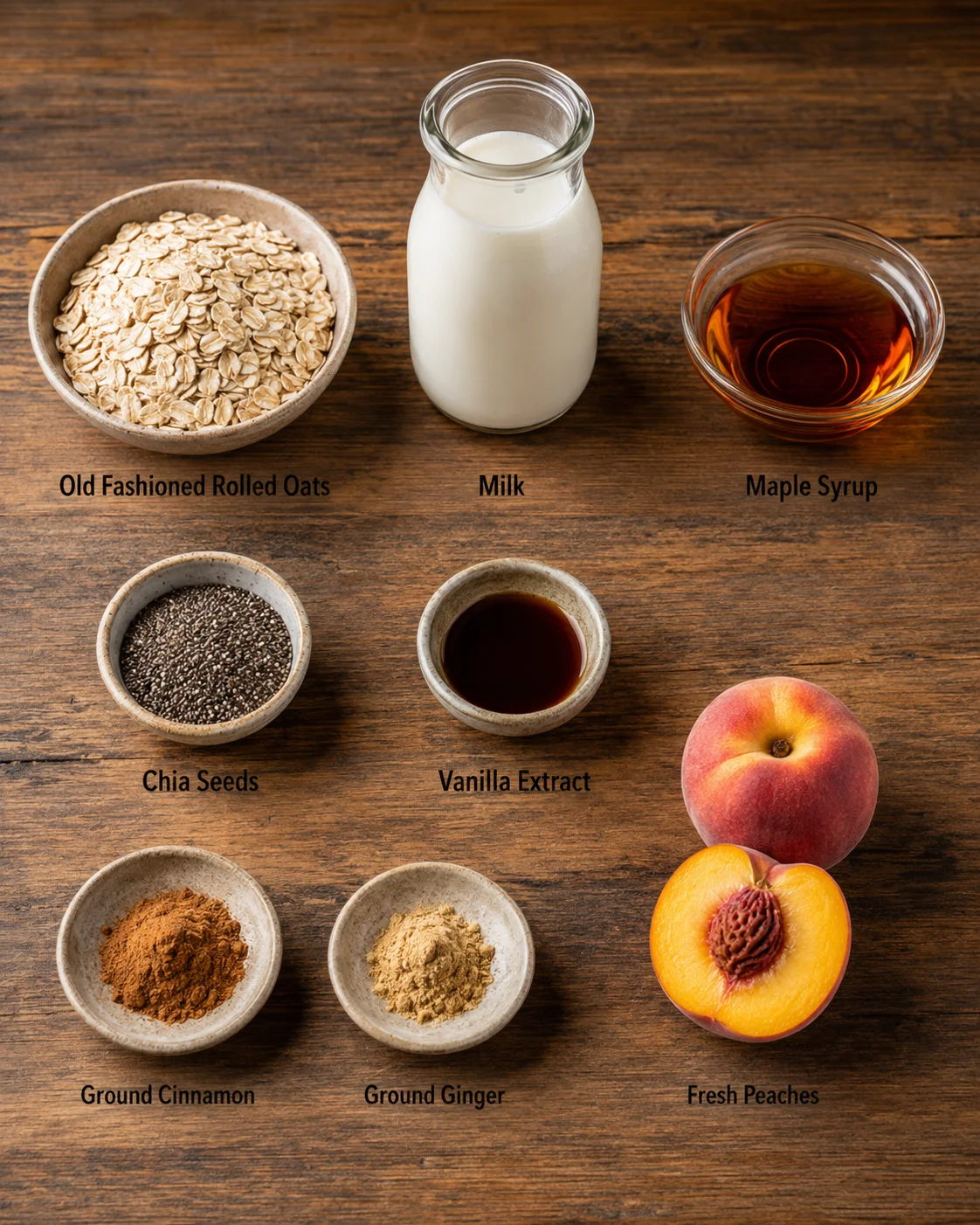 Ingredients for peach overnight oats with oats, milk, peaches, and spices on a wooden surface.