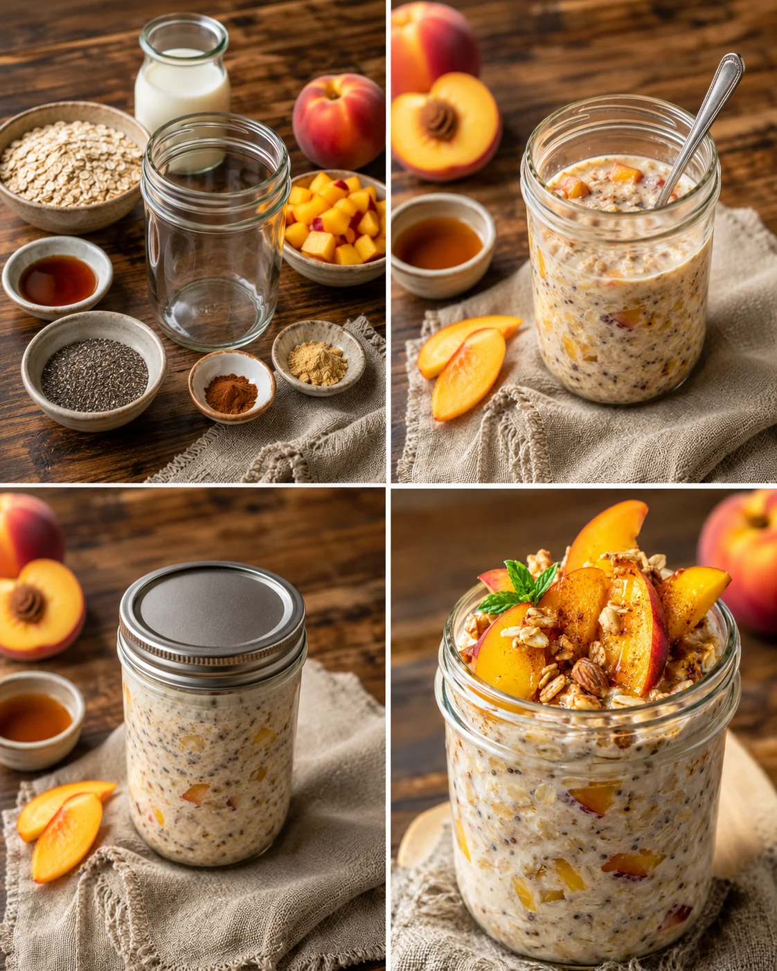 Creamy peach oatmeal topped with fresh peaches and nuts for breakfast.