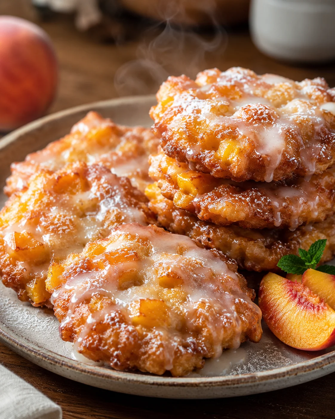 Fresh Peach Fritters with Glaze Delicious golden peach fritters topped with glaze on a plate