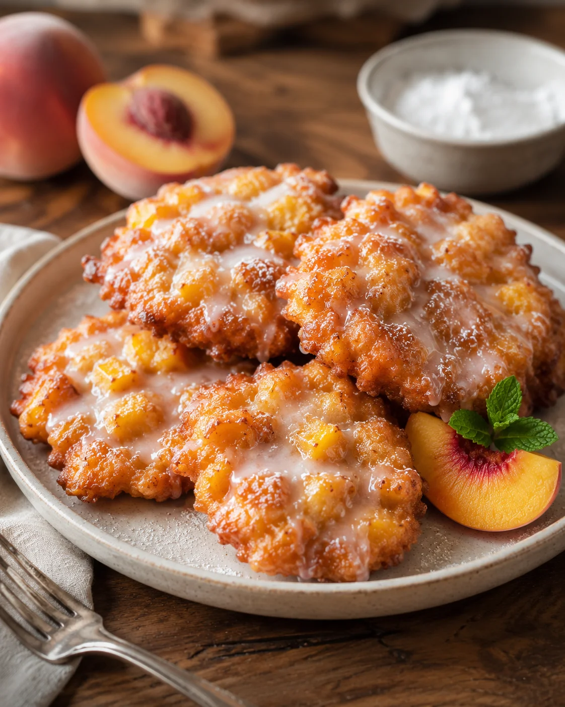 Delicious fried peach fritters drizzled with glaze on a plate