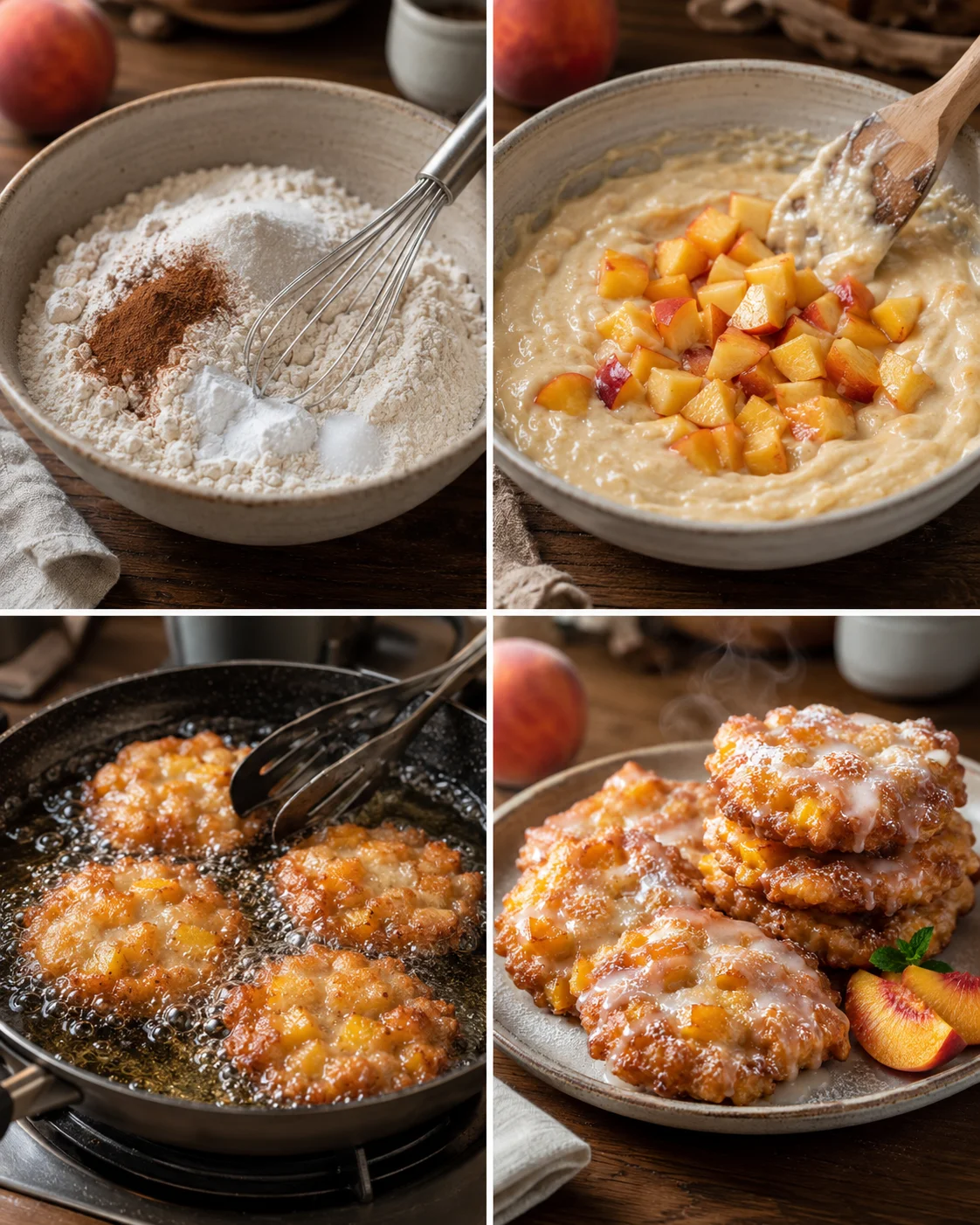 Golden fried peach fritters with powdered sugar glaze on a plate