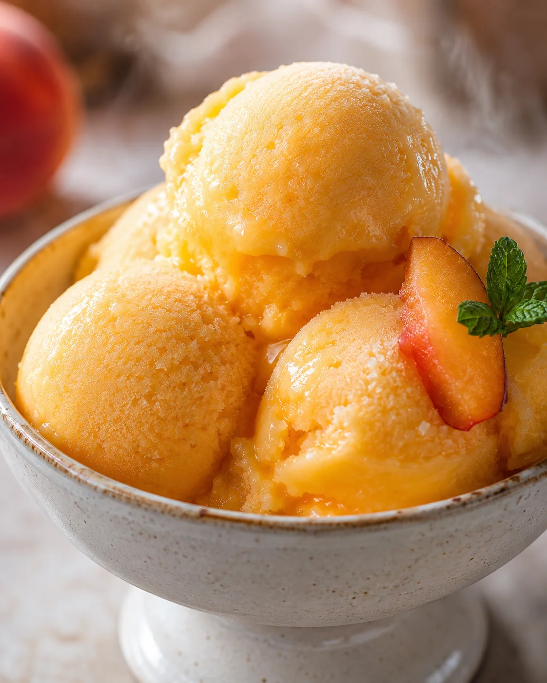 Easy Peach Sorbet Without Ice Cream Maker Refreshing homemade peach sorbet served in a bowl with a mint leaf garnish