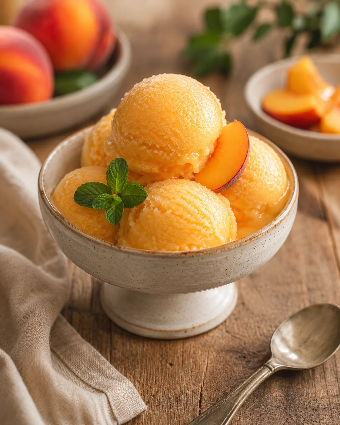 Homemade Peach Sorbet Without Ice Cream Maker Close-up of fresh peach sorbet scoops garnished with mint in a bowl