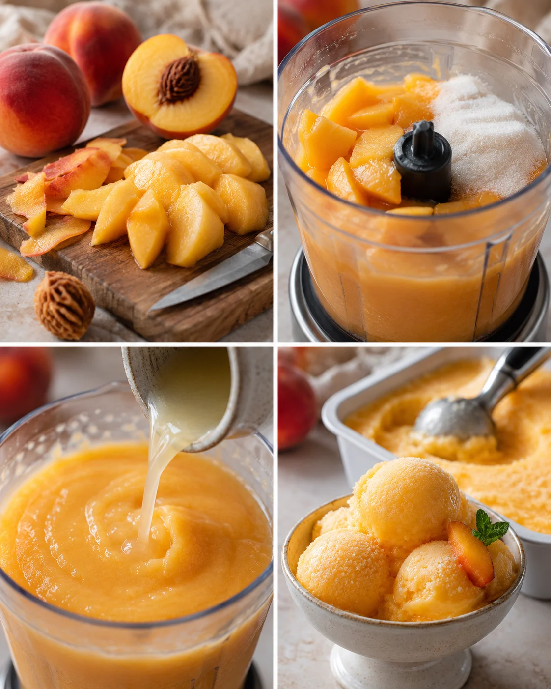 Delicious Peach Sorbet Without Ice Cream Maker Steps of making creamy, scoopable peach sorbet using fresh peaches and blender.