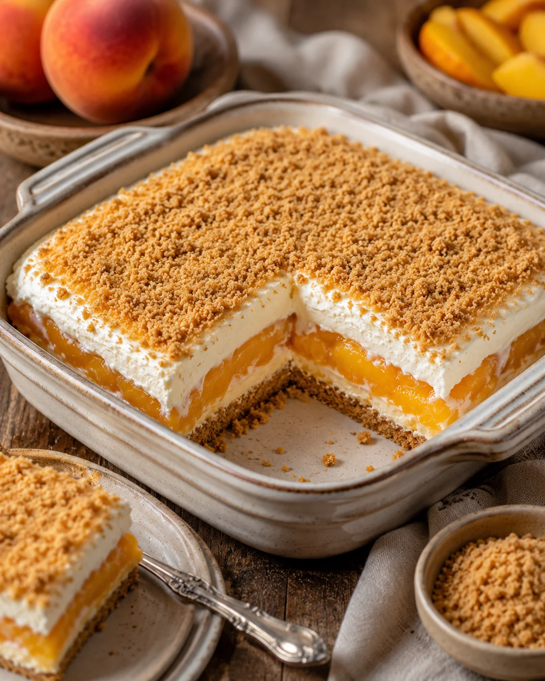 Delicious layered no-bake peach dessert with graham cracker crust and creamy filling