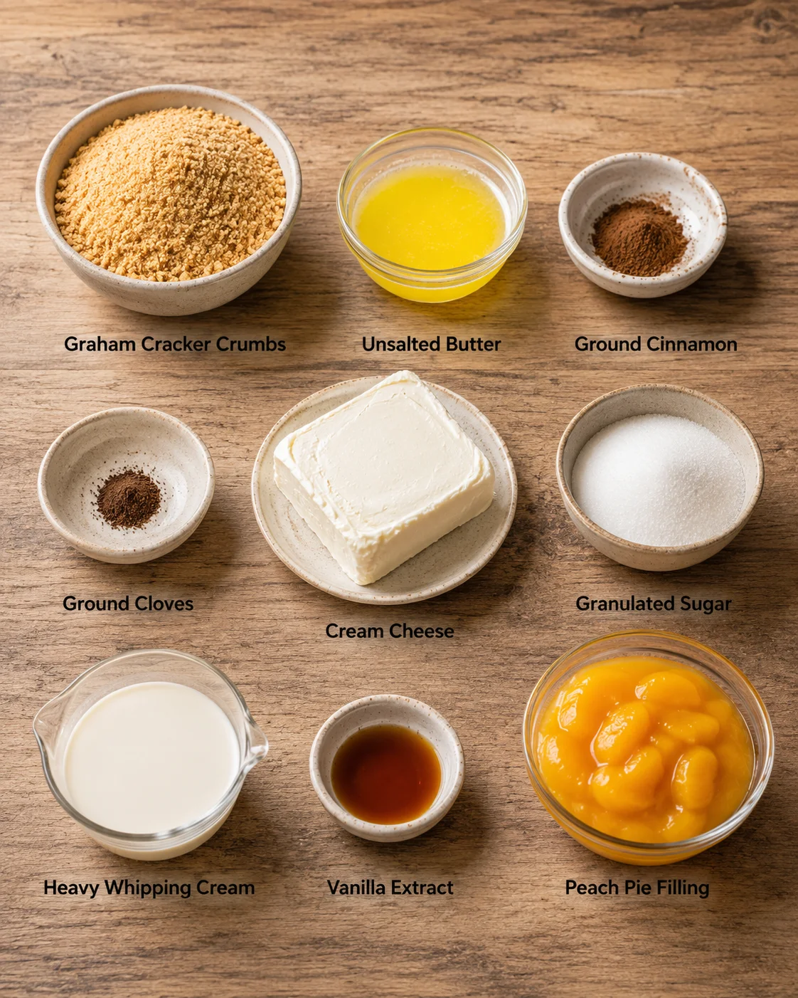 Layers of crunchy graham cracker crust with creamy filling and peach topping in a glass