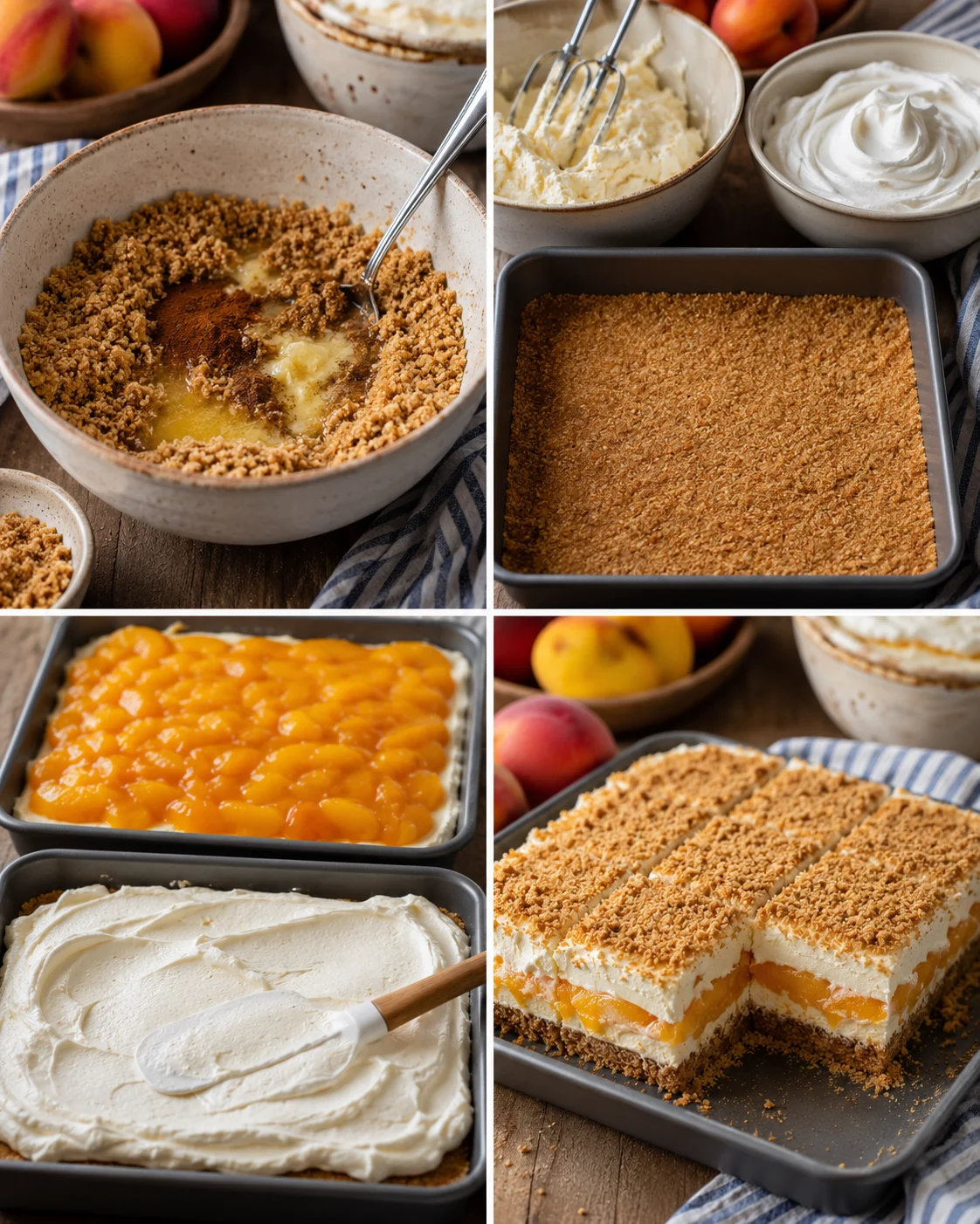 Layered no-bake peach dessert with graham cracker crust and creamy filling
