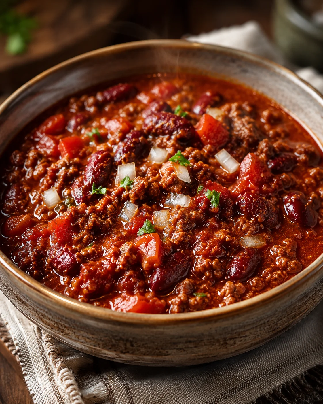 Hearty Beef Chili Recipe A bowl of rich, slow-simmered beef chili with beans and tomatoes.