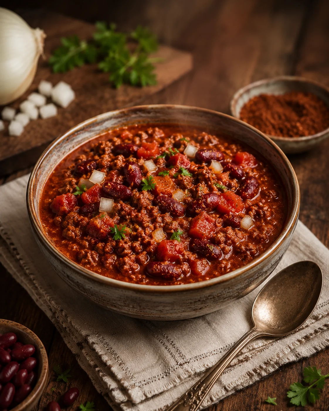 Hearty Slow-Simmered Beef Chili Warm bowl of beef chili with beans, tomatoes, and fresh herbs on a rustic table