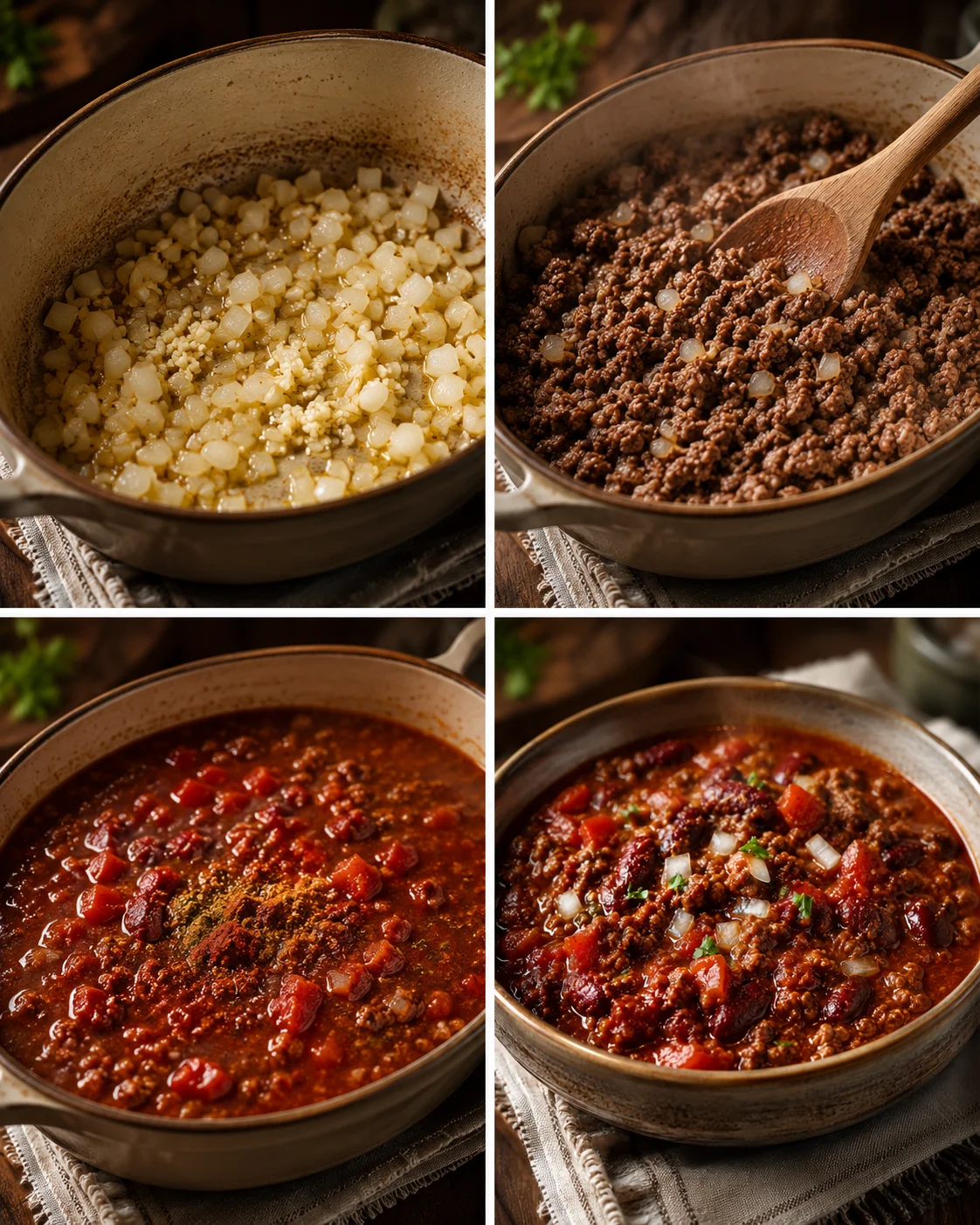 Steps of making hearty beef chili, from sautéing to simmering in a pot.