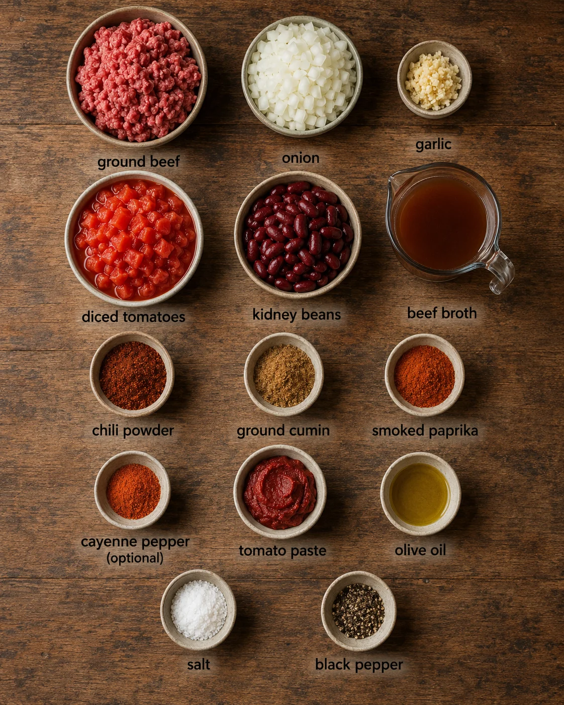 Hearty Slow-Simmered Beef Chili An array of ingredients for beef chili including ground beef, diced tomatoes, and spices.