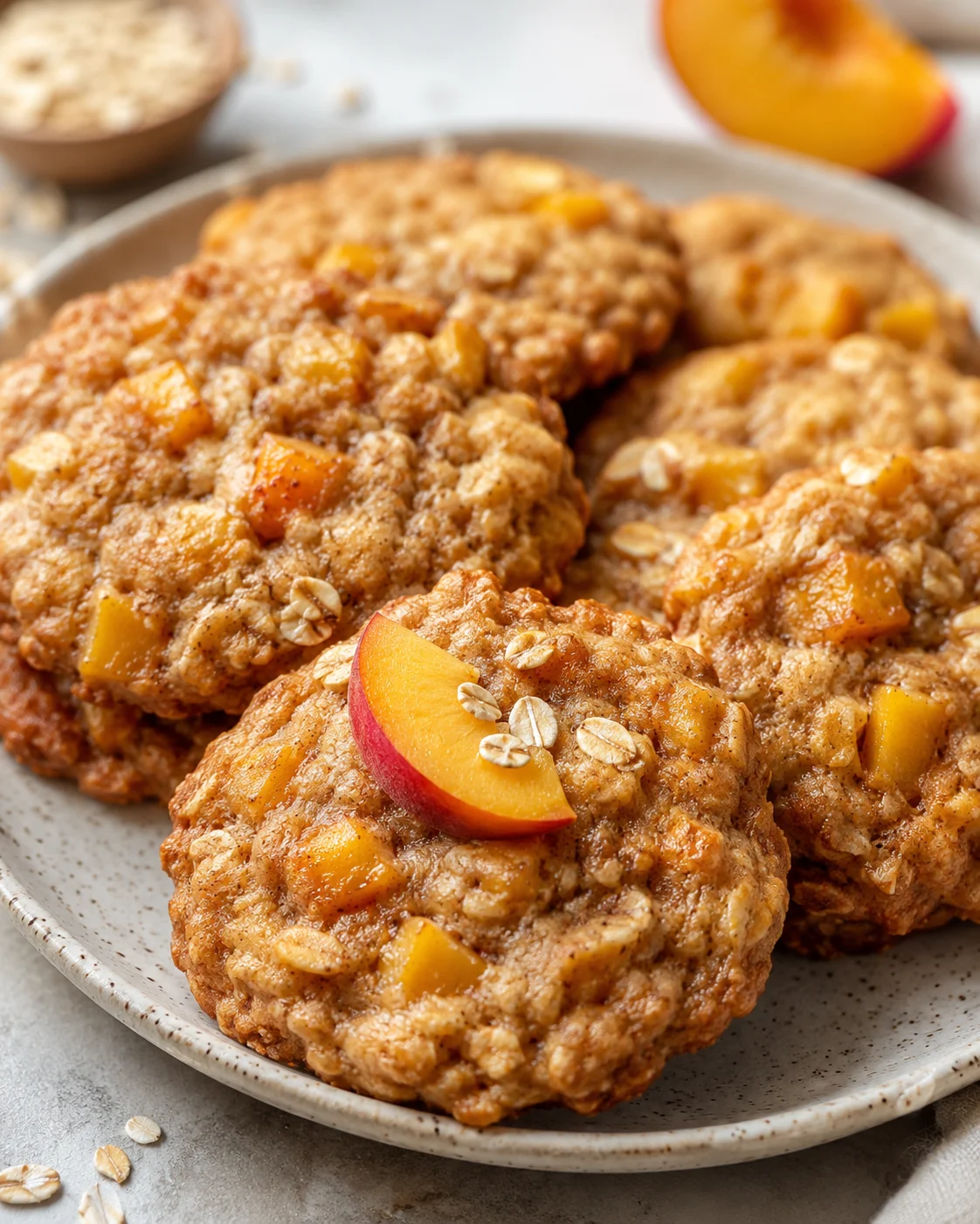 Close-up of delicious homemade peach oatmeal breakfast cookies with peach slices on top.