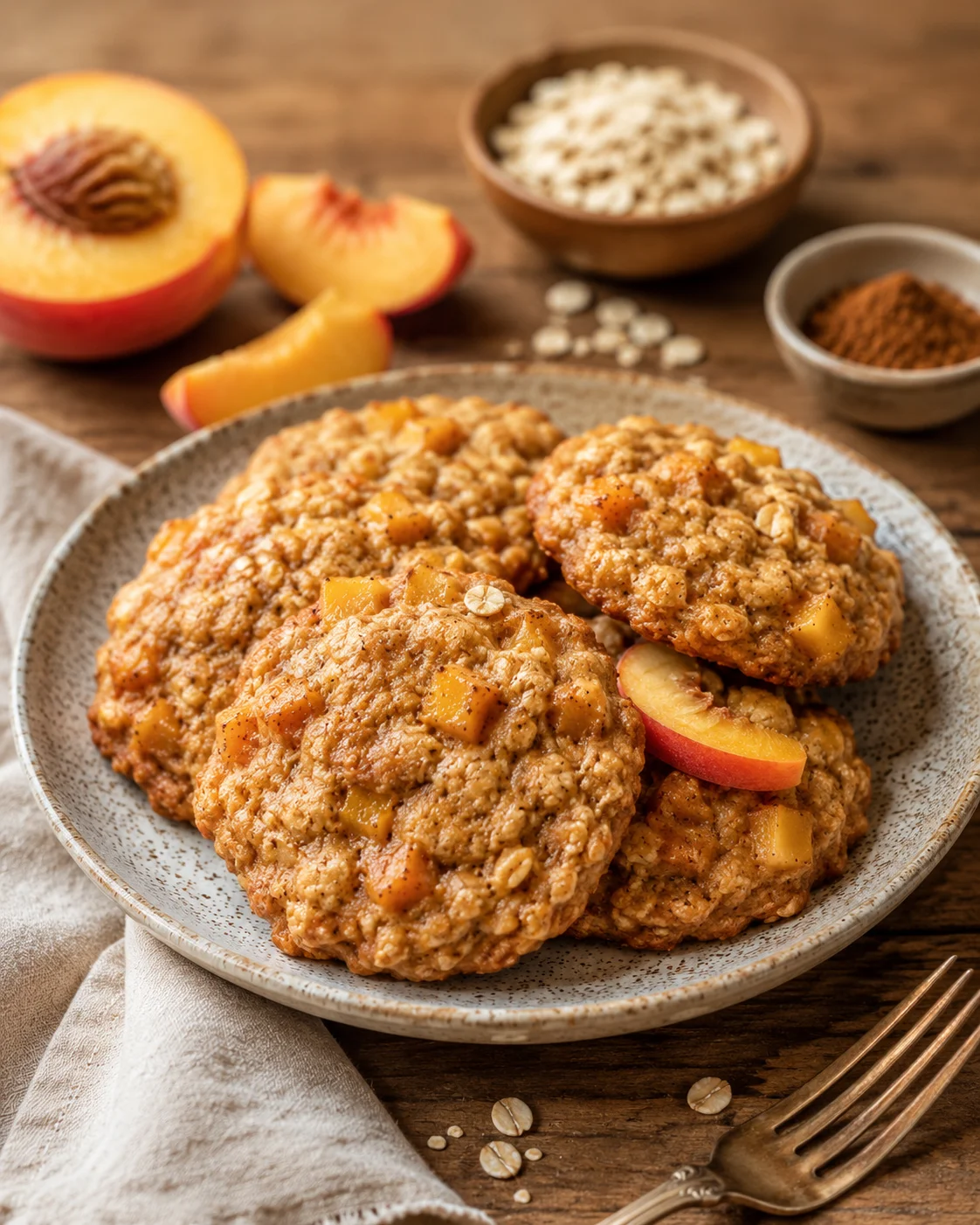 Freshly baked peach oatmeal cookies with diced peaches on top and a rustic background.