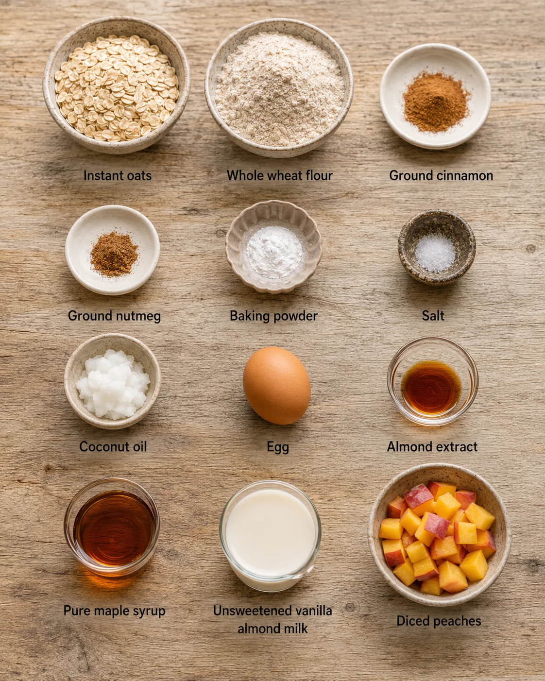 Bowl of diced peaches and ingredients for making healthy breakfast cookies.