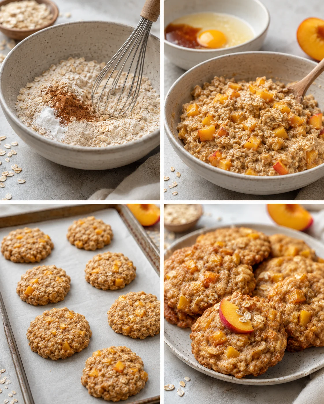 Homemade peach oatmeal breakfast cookies with fresh peaches and cozy spices.