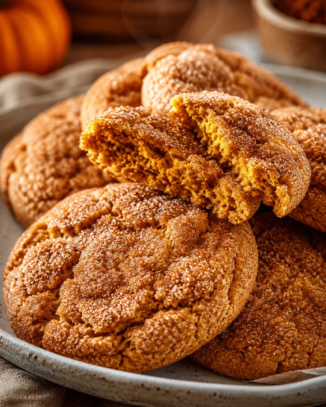 Chewy Pumpkin Snickerdoodle Cookies Close-up of freshly baked chewy pumpkin snickerdoodle cookies with cinnamon sugar coating.
