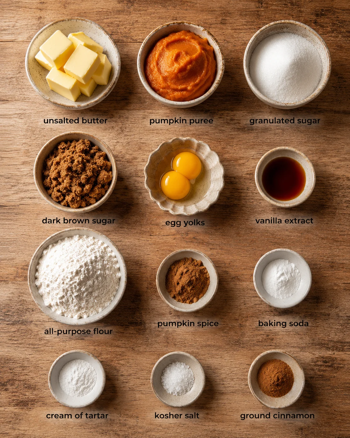 Ingredients for pumpkin snickerdoodle cookies arranged on a wooden surface.