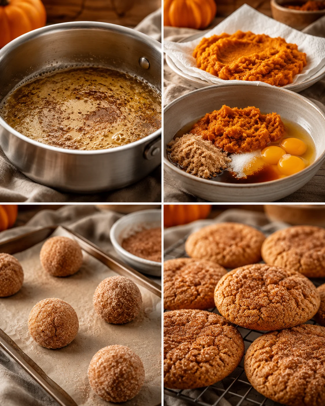 Decorative photos of pumpkin cookies, baking process, and ingredients for fall treats.