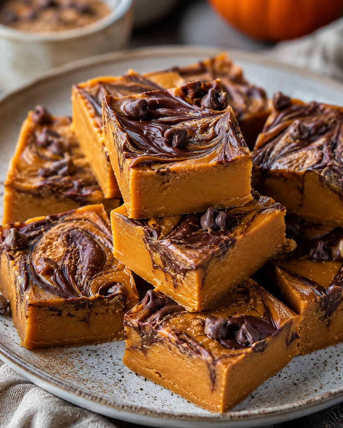 Close-up of creamy vegan pumpkin fudge with chocolate swirls and chocolate chips on top.